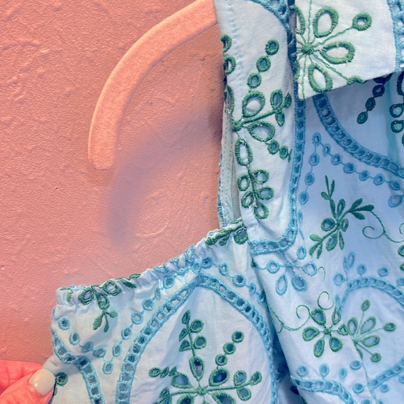 Boston Proper Blue Green Eyelet Dress Balloon Sleeve Women’s Size Small - Picture 4 of 11